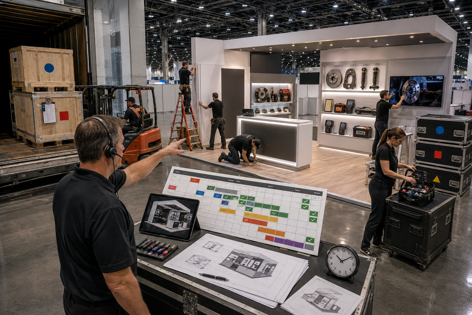 AAPEX booth installation in progress, highlighting teamwork